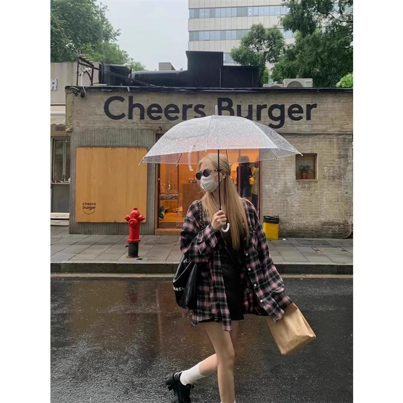 Women's Retro Black & Pink Plaid Shirt - Spring/Autumn 2024 Collection: Loose, Casual, Lazy Style, Long Sleeve Jacket Design.