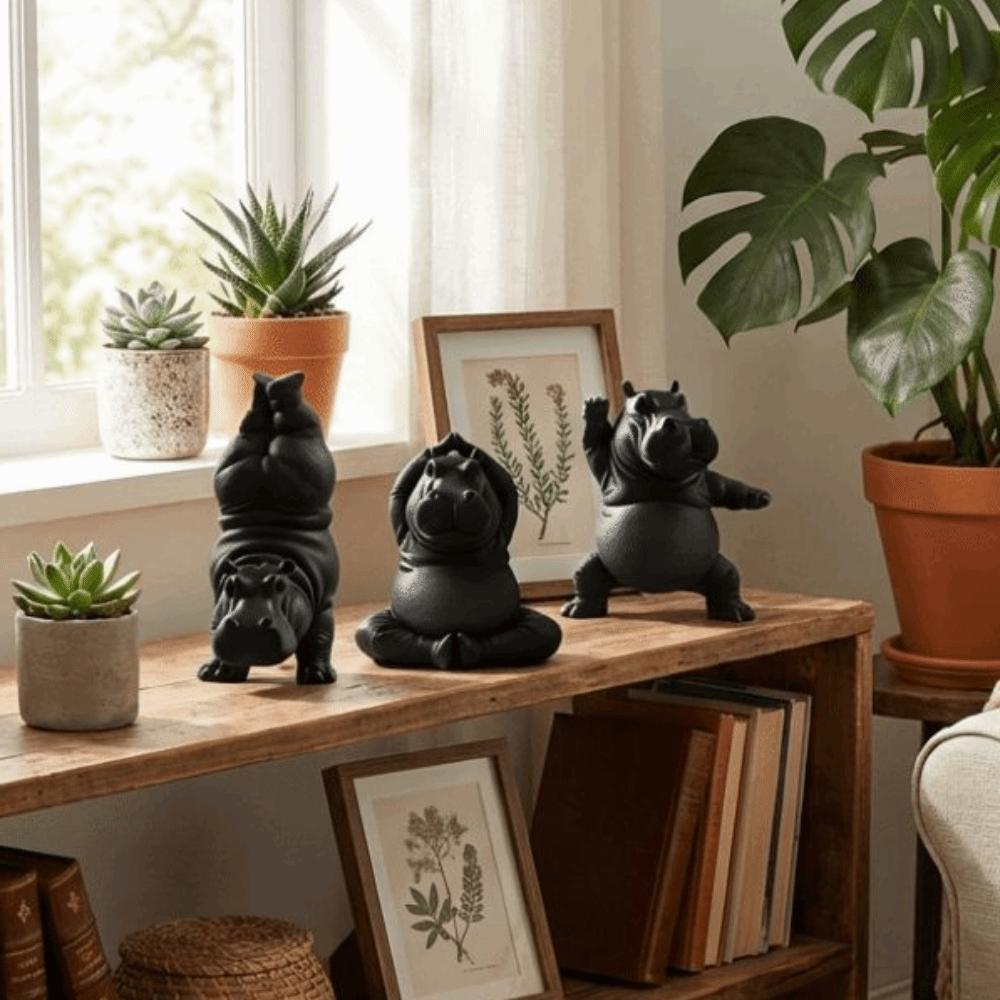 3Pcs Calm Animal Yoga Hippo Statue Art Crafts Hippo Figurines Hippo Sculpture  Yoga Studio