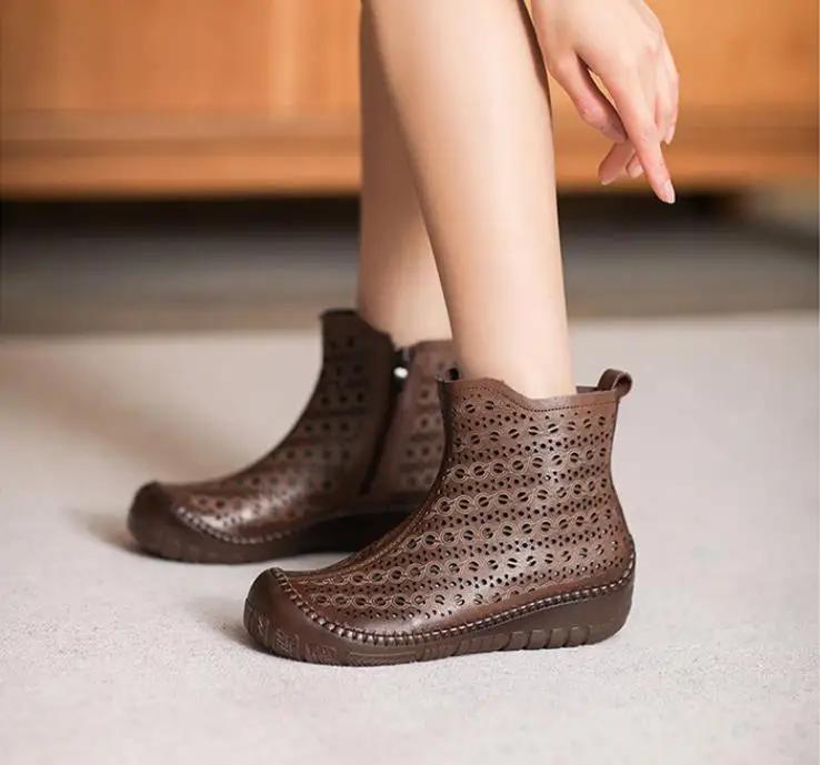 Fashion 3cm Cow Genuine Leather Summer Round Toe Slippers Hollow Platform Wedge Fashion Shoes Ankle Booties Women Sandal Flats