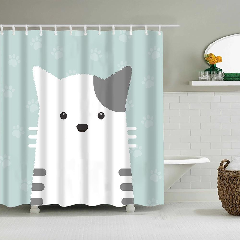 Puppy Cat Cute Cartoon Shower Curtains Washable Fabric Polyester For Bathtub Art Bathroom Decor Partition With Hooks Waterproof