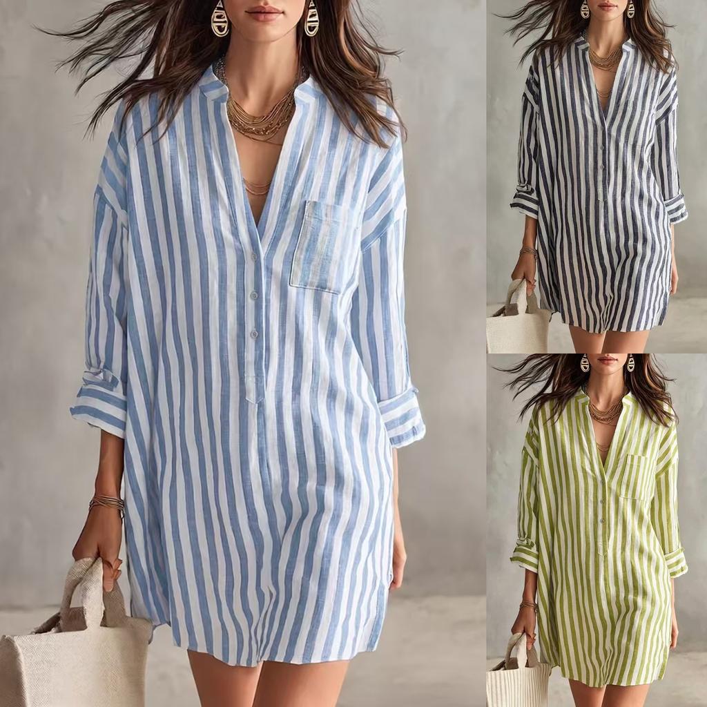 Women Striped Shirt Dress Long Sleeve Button Down Collar Pocket Loose Casual Mini Dress