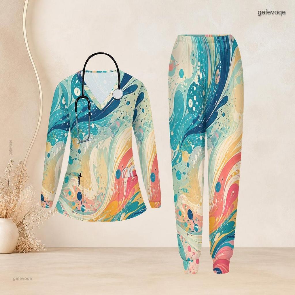 Women Plus Size Nurse Scrub Set V Neck Long Sleeve Printed Pink Purple Pockets Two Piece Outfit
