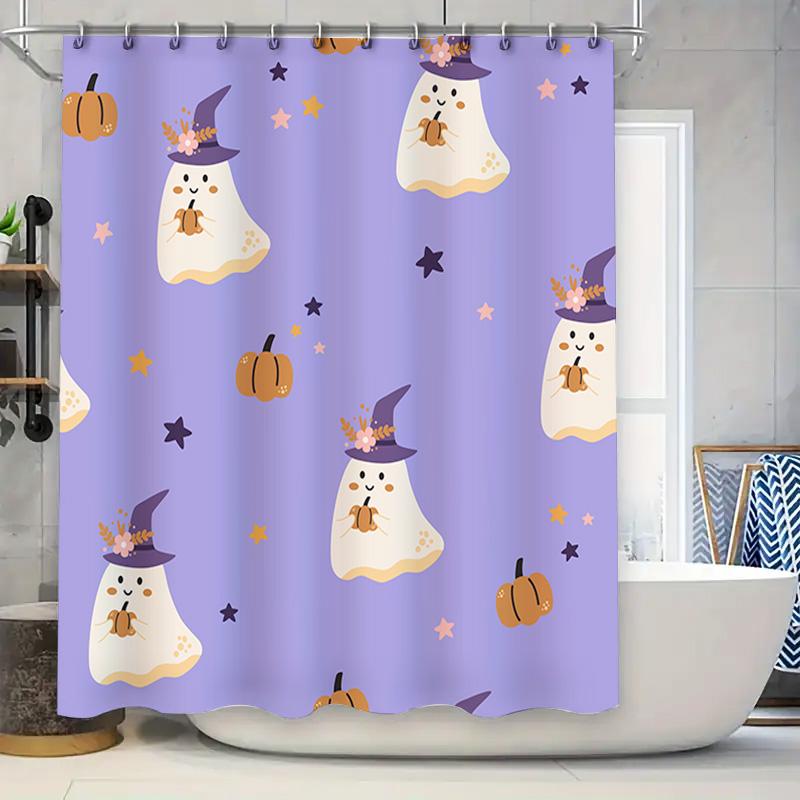 

Adorable Halloween Ghost Pumpkin Printed Waterproof Shower Curtain For Home Decoration Lavender Color With White Stars Pumpkins W60H190(CM)-1 Pcs