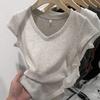 American V-neck Solid Color Front Shoulder Short-sleeved Women's Top Summer Design Sense Niche Waist Pleated Slim Spice Girl T-shirt Base