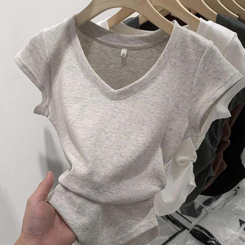American V-neck Solid Color Front Shoulder Short-sleeved Women's Top Summer Design Sense Niche Waist Pleated Slim Spice Girl T-shirt Base