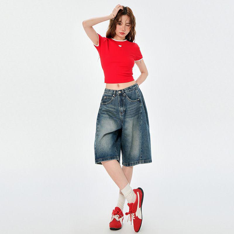 Women's High-Waist Relaxed Denim Shorts - American Retro Style