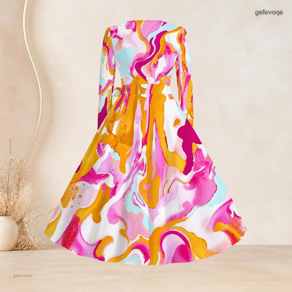 Women Plus Size Scalloped Square Neck Long Sleeve Printed Tie Waist A Line Dress