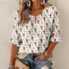 Women's Vintage Floral Print Blouse with Tie Neck and Ruffle Three-Quarter Sleeves