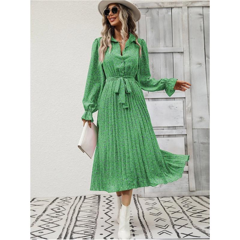 Spring and Autumn Women's Dress Fashion Tie Pleated Long Sleeve Swing Dress
