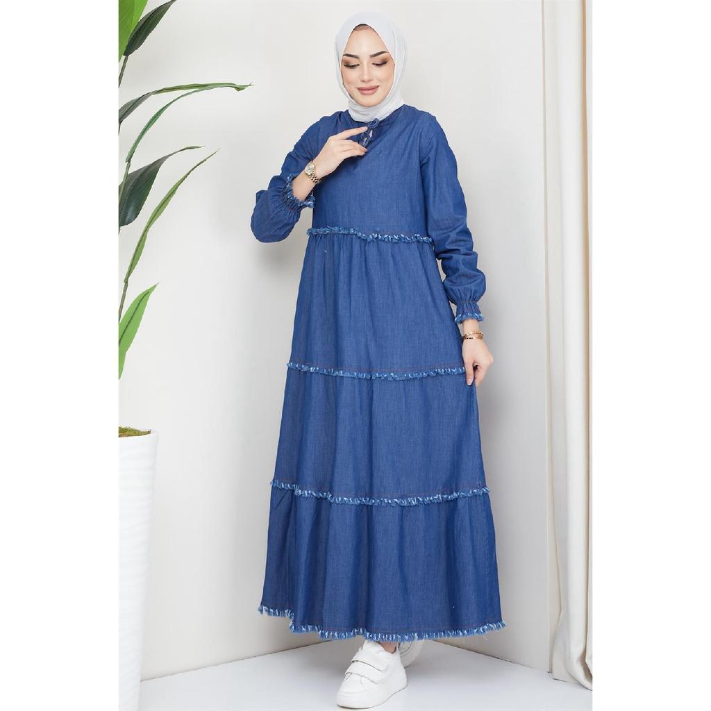 Denim Dress With Lace Detail On The Front Dark Blue – buy the best