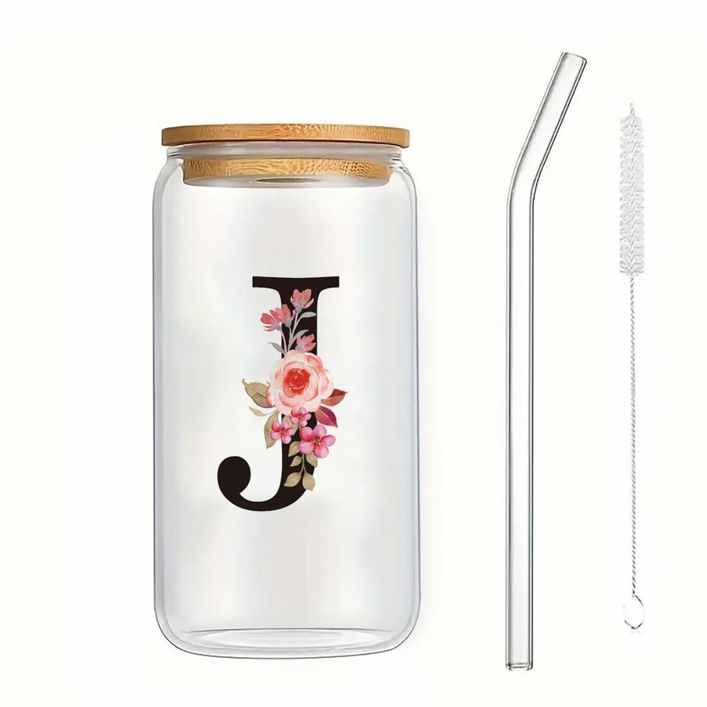 500ml Buchstaben Blume A-Z Kaffeetassen Büro Zuhause 16OZ Glastasse mit Bambusdeckeln & Strohhalm Geburtstags- Valentinstagsgeschenke Tasse Frauen