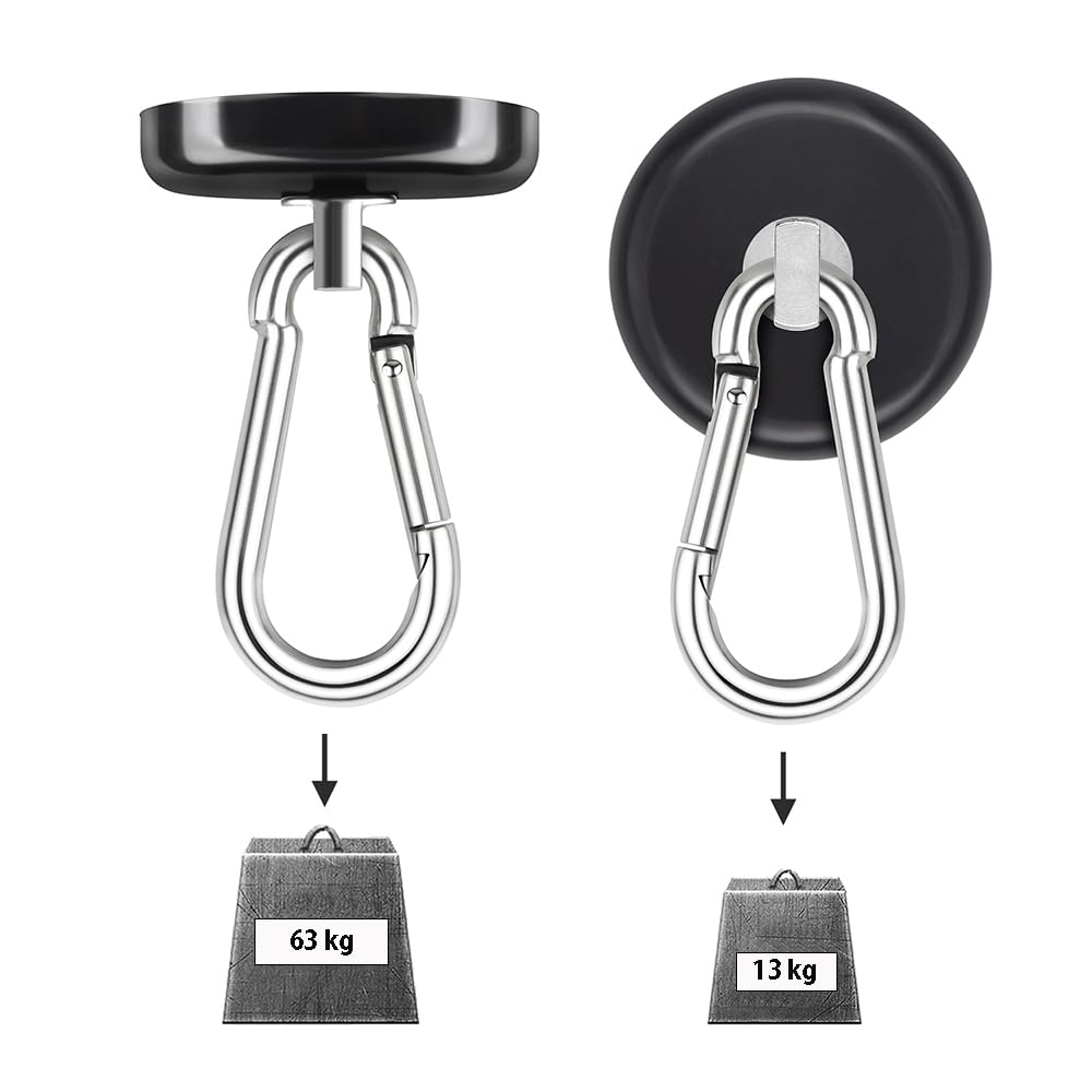 Ganchos Mosquetão THCMagorilla, Capacidade 63kg, Ímã de Neodímio Giratório de Alta Resistência, 42mm, Preto, 8 Peças, para Bolsas, Churrasqueiras, Carteiras e Armazéns