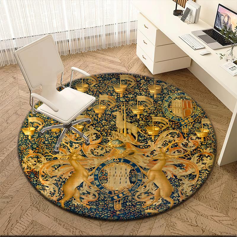 1pc Medieval royal coat of arms and iris Round carpet Painted Printed circular carpet, home door mat, outdoor travel protection carpet