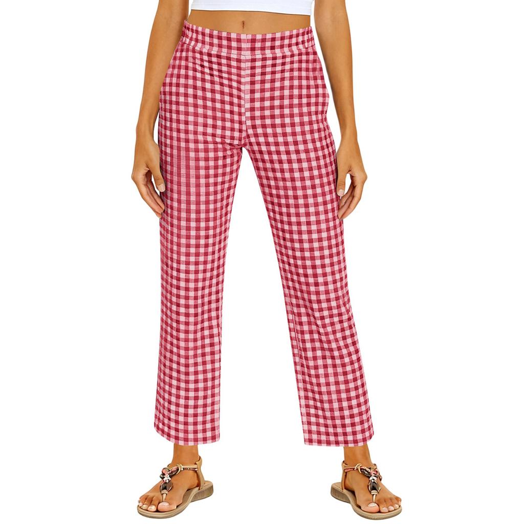 Women's Fashionable Checkered Elastic Waist Straight Leg Casual Pants