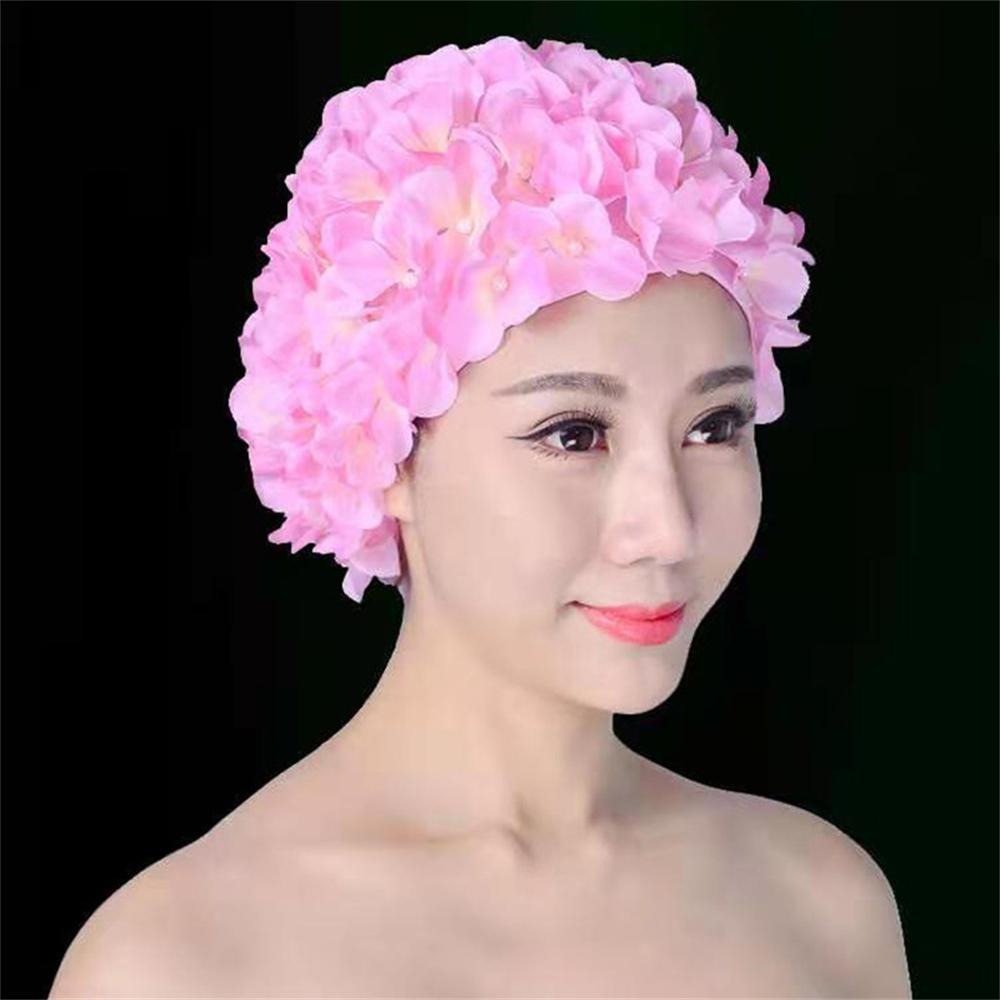 Women's Pleated Flower Swimming Cap Free Size Soft Long Hair Breathable Shower Cap Beach Surfing Protect Ears Elastic Caps Cozy