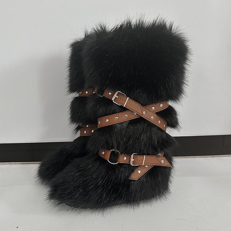 Damen Winterimitat Fuchsfell Stiefel Gürtel Punk Europäisch und Amerikanisch hoher Schaft 40 langer Schaft Schneestiefel Schuhe
