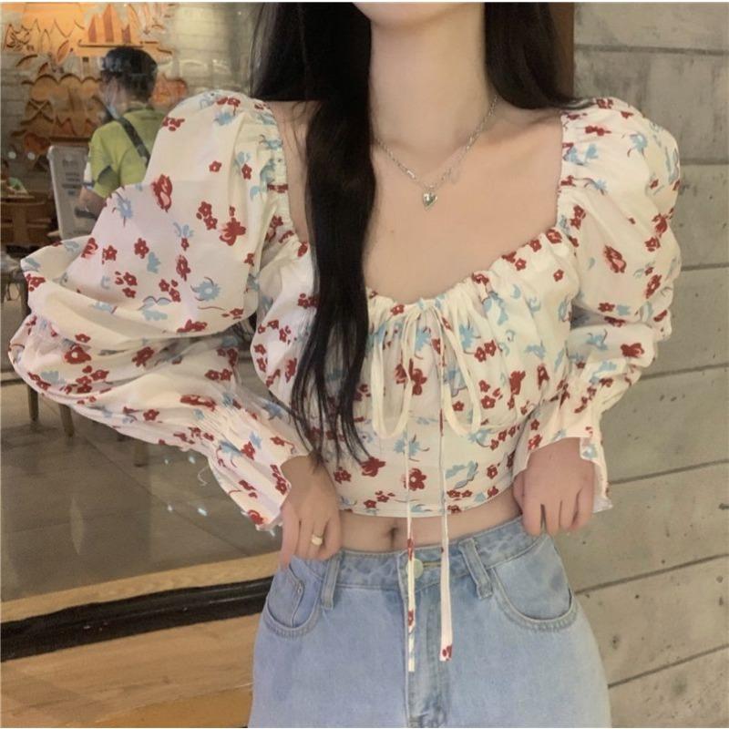 Sweet and Spicy Floral Versatile Shirt for Women Autumn New High Waist Navel Short Top French Niche Long Sleeve Shirt