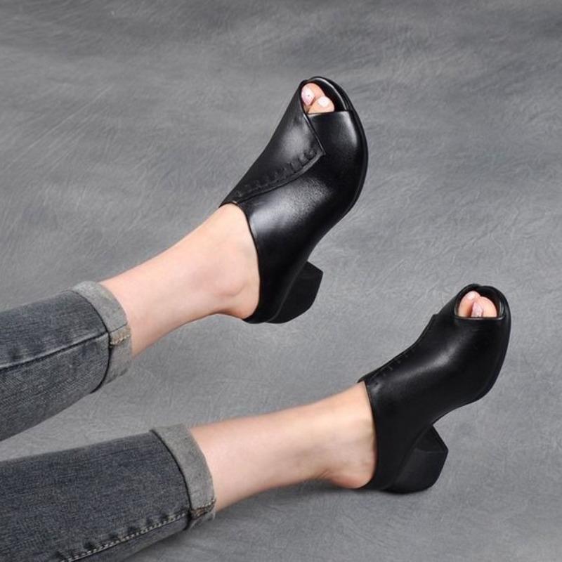 Fashion Thick-heeled Soft Leather Outer Slippers Fish Mouth Comfortable Versatile Mid-heeled Women Sandals Women's Mother's Shoes Women