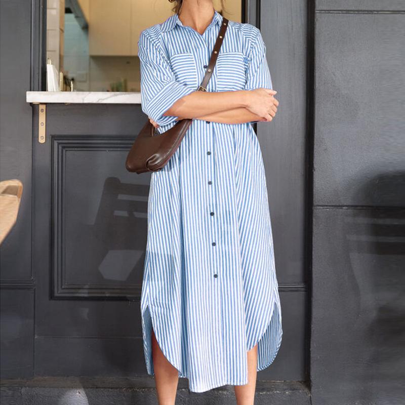 ZANZEA Women Turn Down Collar Long Sleeve Loose Stripe Dress