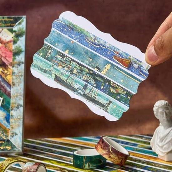 Oil Painting Style Masking Tape 20 Pieces Set Landscape Patterns Washi Gold Foil Stamping Scenery Drawing DIY Crafts Journal Planner Scrapbook Gift