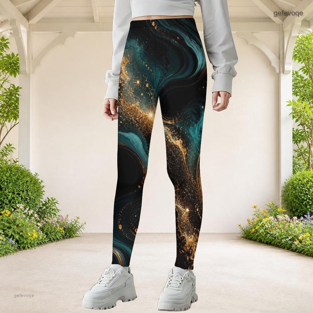 Girls Red Black Abstract Printed Full Length Stretch Waist Yoga Leggings