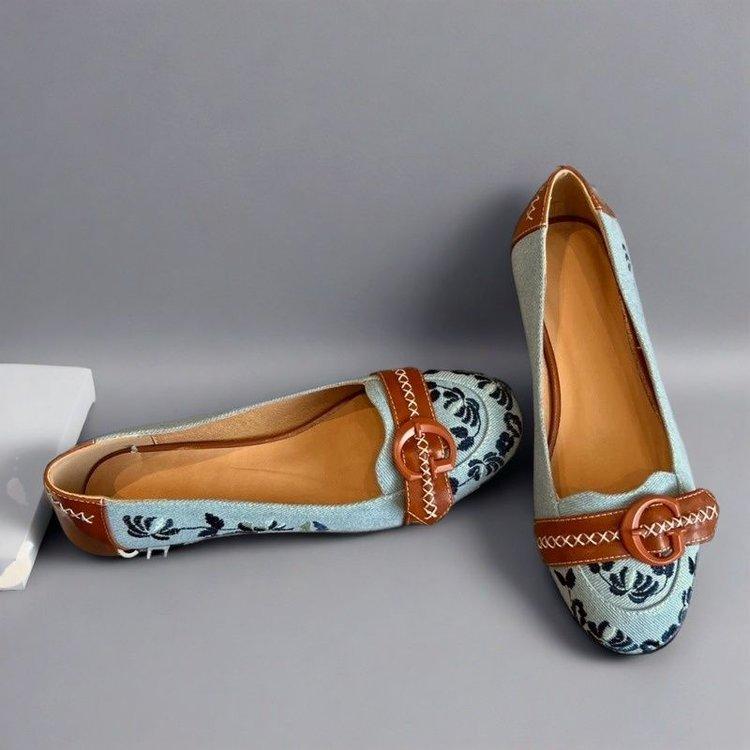 Embroidered Retro Round Toe Shallow Mouth Single Shoes Women's Colorblock Versatile Casual Embroidered Slip-On Flats