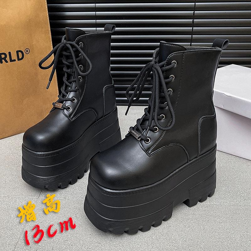 Fashion Cosplay Platform Boots Women'S Chunky Sole Height Increasing Boots Waterproof Leather Gothic Short Boots For Big Size