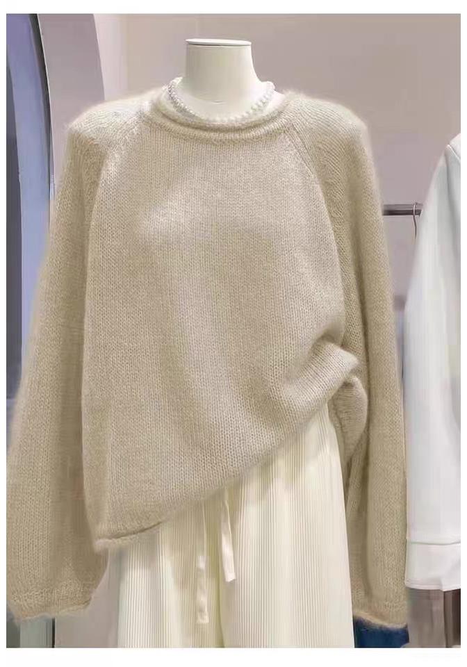 Women's Casual Round Neck Wool Knit Sweater - Autumn/Winter Solid Color Long Sleeve Base Layer