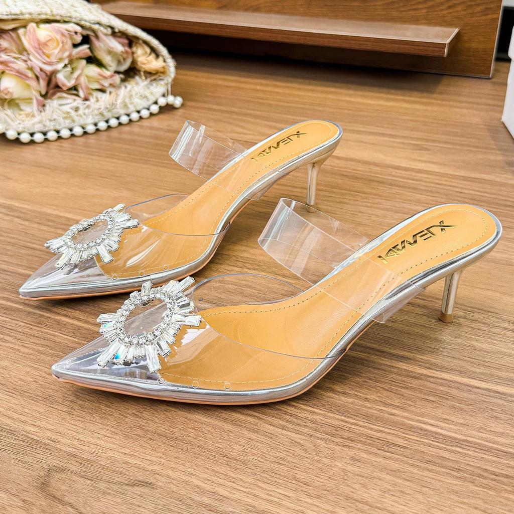 Fashion Ins' Super Popular Transparent Pvc Sexy See-Through Silver Pointed-Toe Sun Buckle Back Empty European And American Women'S Sanda