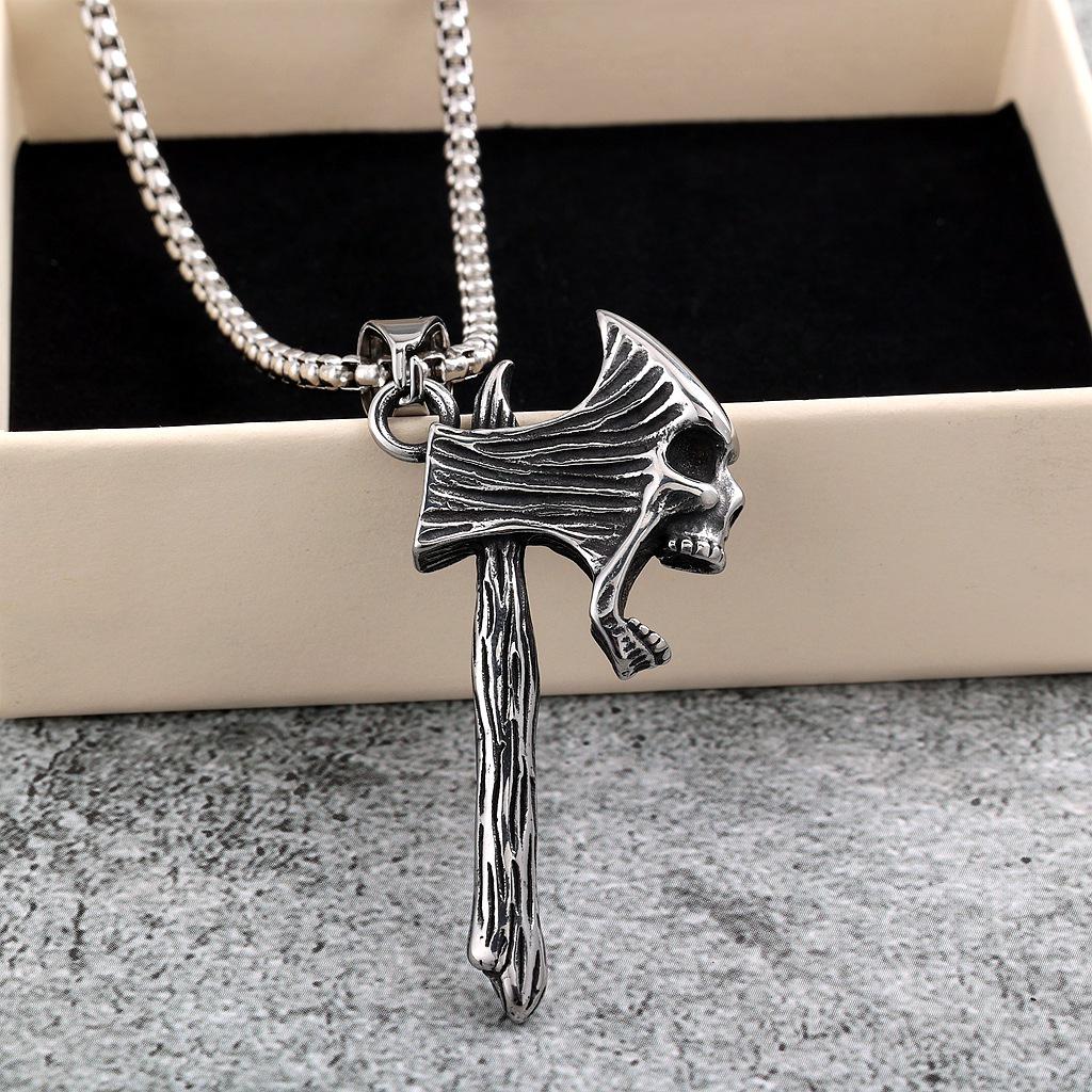 Men's Retro Stainless Steel Skull Axe Pendant Necklace