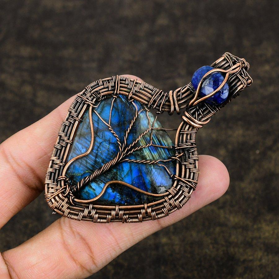 Labradorite, Lapis Handmade Copper Wire Wrap Jewelry Pendant 3.35" p3o72