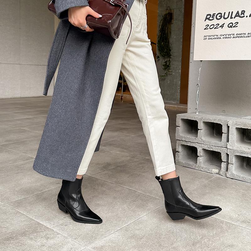 Fashion 2024 Autumn Women Boots Ankle Boots Modern Boots Pointed Toe Leather Shoes Western Chelsea Ladies Shoes Retro Modern Boots