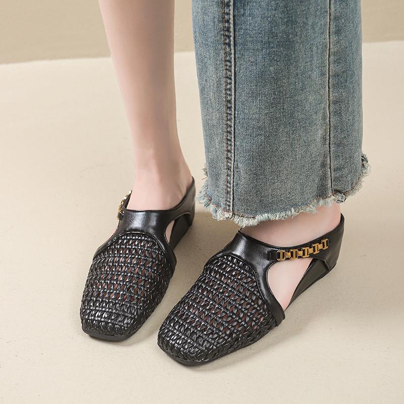 Summer Heightened Woven Hollow Wedge Slippers New Square Toe Metal Chain Lightweight Breathable Slip-on Slippers