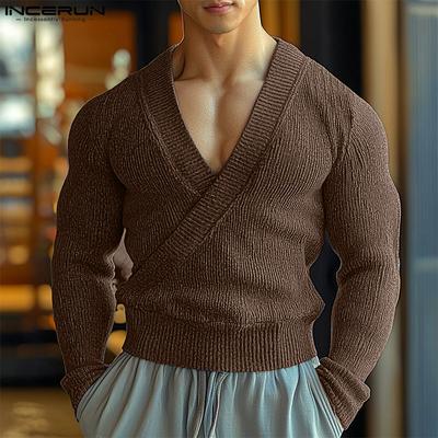 Herren V-Ausschnitt Vorne Überkreuz Langarm Strickpullover Lässiger Herbst Rippenpullover