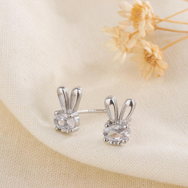 S925 Silver Cute Bunny Stud Earrings Micro Paved CZ Sweet Ladylike Small Rabbit Ear Jewelry For Women Girls