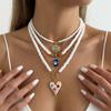 4er Set Glücksbringer Blaue Böse Auge Anhänger Halsketten für Damen Bohemian Bunte Herz Mehrschichtige Perlen Halsketten Gestapelter Schmuck