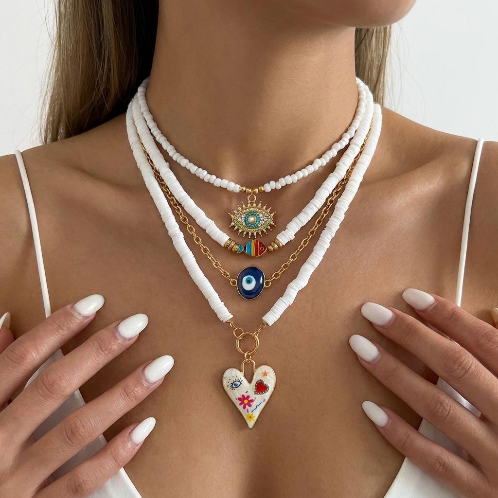 4er Set Glücksbringer Blaue Böse Auge Anhänger Halsketten für Damen Bohemian Bunte Herz Mehrschichtige Perlen Halsketten Gestapelter Schmuck