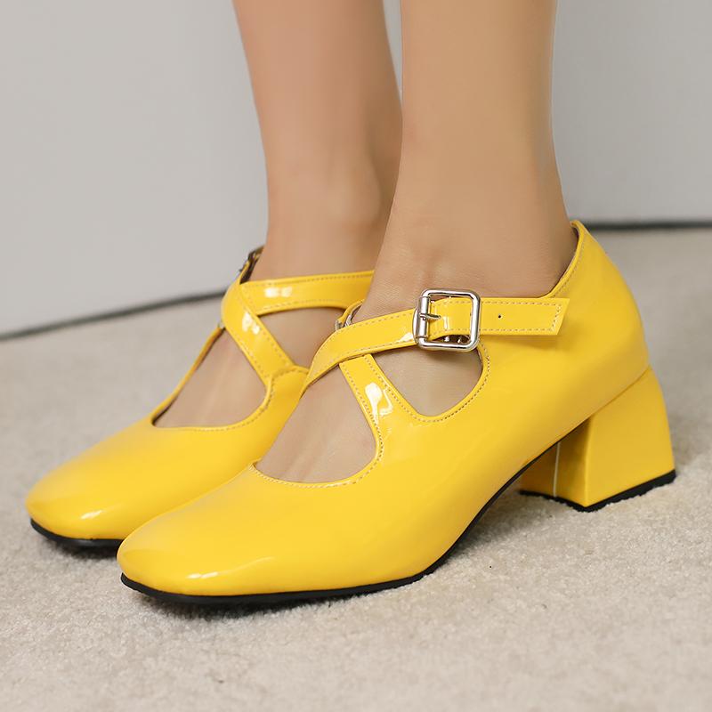 Women Mary Jane Pumps Patent Leather Lolita Shoes Med Heels Chunky Style 2025 Cross Strap Decor Comfort Square Toe Footwear