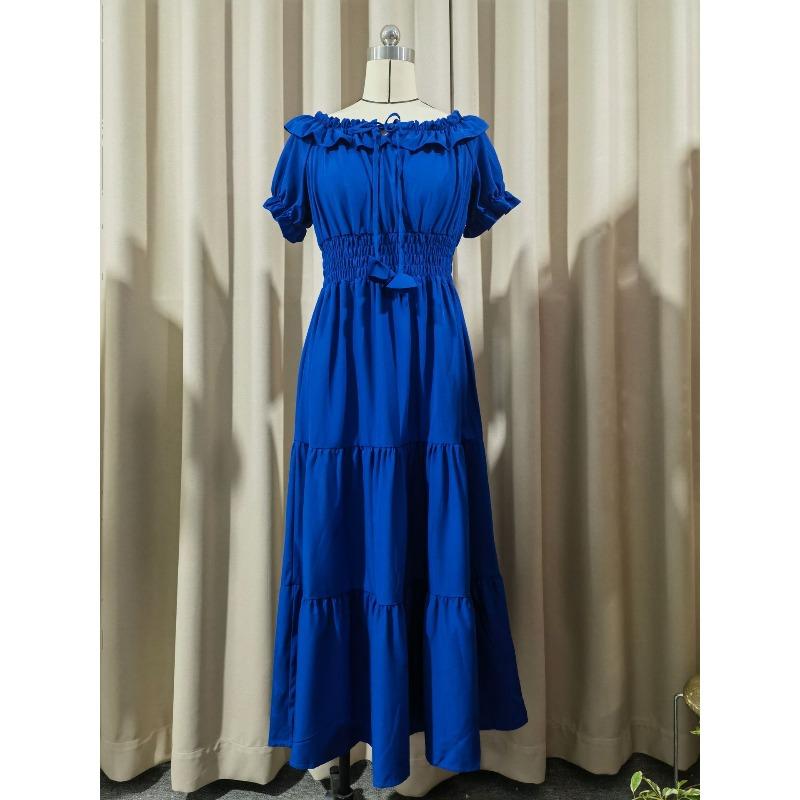 Women's Summer Long Dress New Fashion Solid Color Ruffled Strapless Puff Sleeve Vacation Dress Women Elegant Off Shoulder Sexy A Line Female Dresses