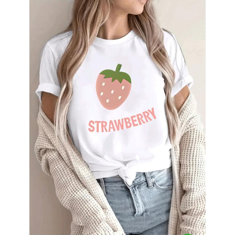 Women'S Short-Sleeve T-Shirt with Letter And Strawberry Print, a Trendy And Versatile Casual Top for Summer