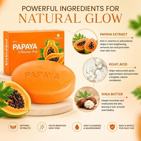 Morvin Papaya Bath Soap Bar - Enriched with Papaya Extract, Kojic Acid & Shea Butter for Dark Spot & Acne Removal – (75gm, Pack of 6).