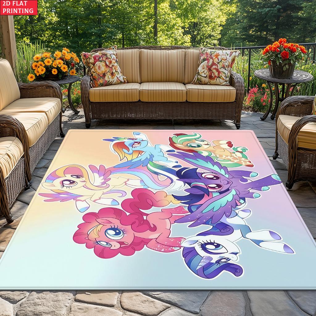 Cute Cartoon Pony Area Rug, Colorful Character Group Theme Non-slip Mat, Decorative Carpet for Kids Girls Bedroom, Washable Gift