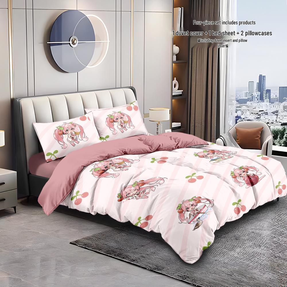 Hatsune Miku Pure Cotton 4-Piece Bedding Set: Cute Duvet Cover & Fitted Sheet for Students