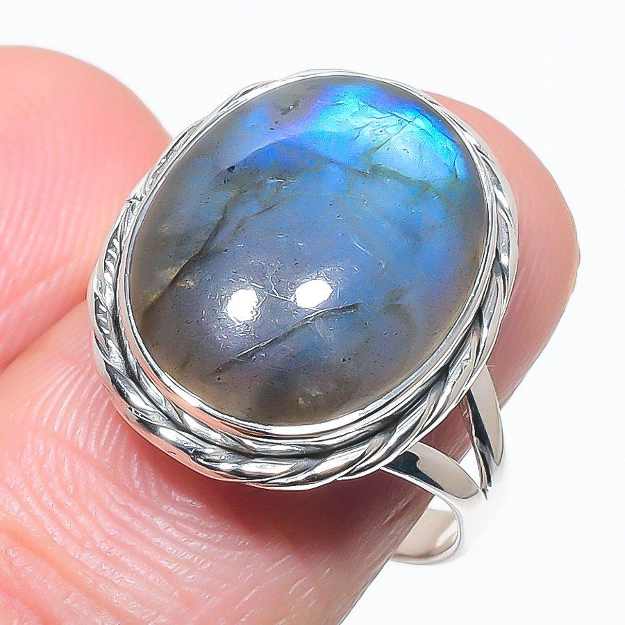 

Natural Labradorite Gemstone Handmade 925 Solid Silver Jewelry Ring Size 8 k9E42