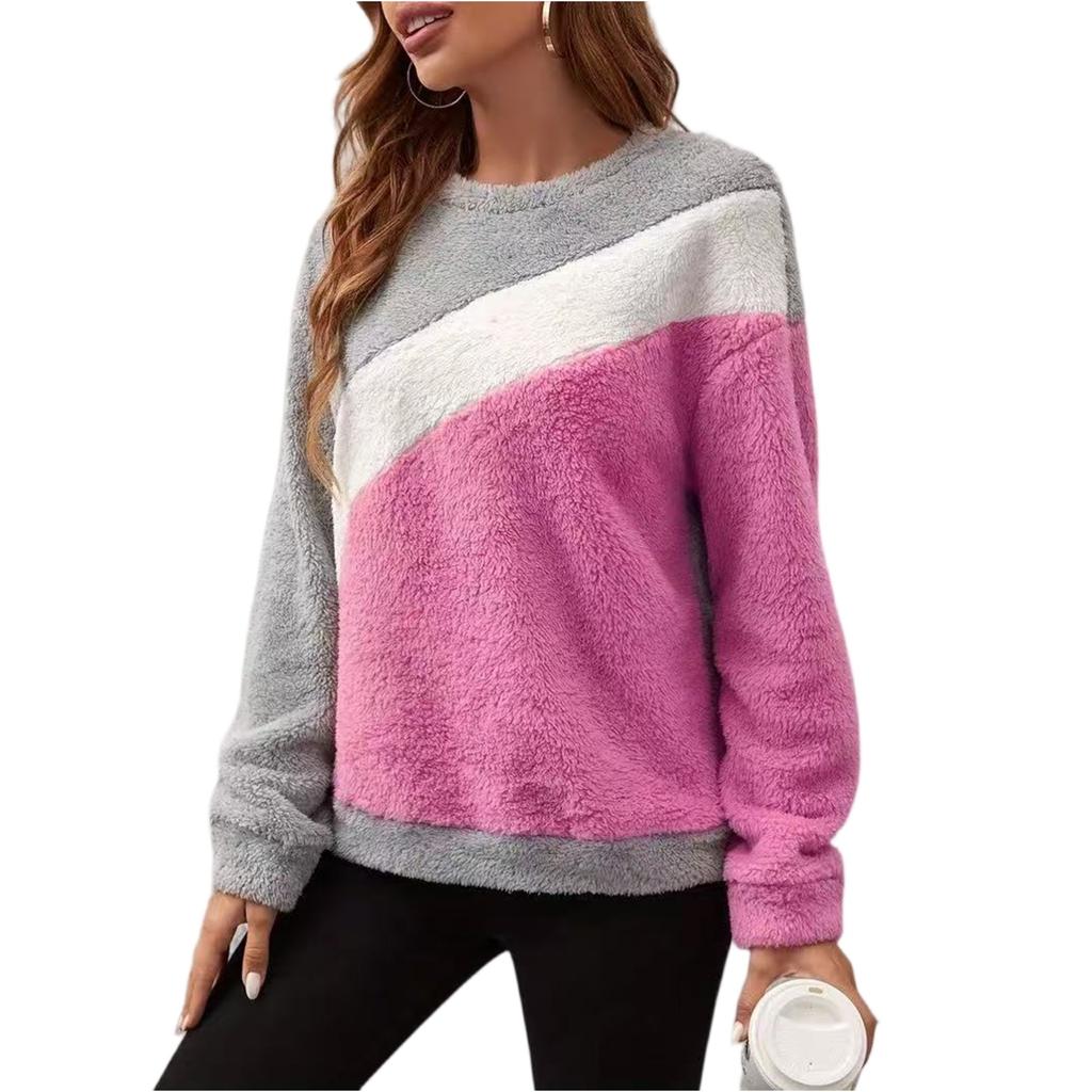 Women's Fashion Casual Round Neck Contrasting Color Drop Shoulder Sleeve Fleece Long Sleeve Pullover Top