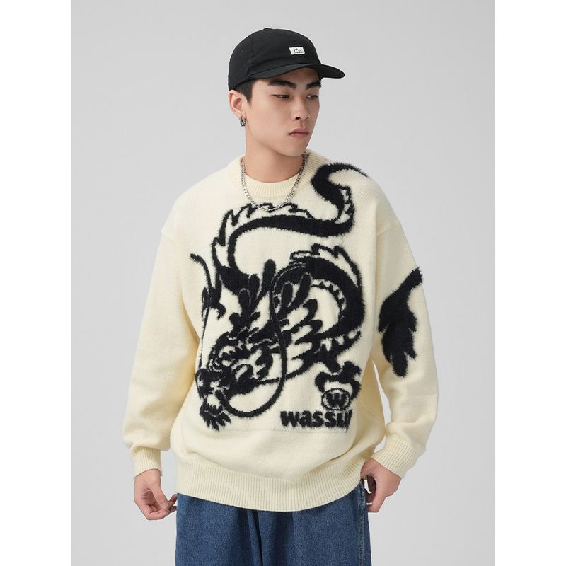 Wassup Heods Year of the Dragon Limited Edition Trendy Brand Knitted Sweater for Men, Autumn and Winter Warm Loose-Fitting Couple's Red Top