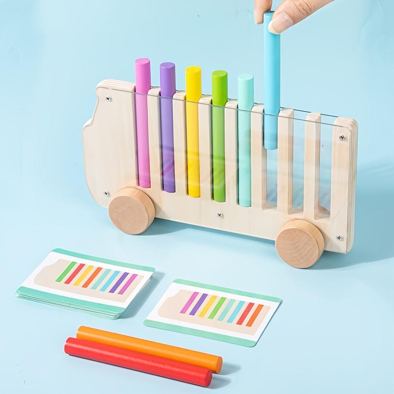 Educational Wooden Toy,Color Sorting Activity Bus Explore Colors and Logical Sorting,Each Color Brick corresponds to a color slot,