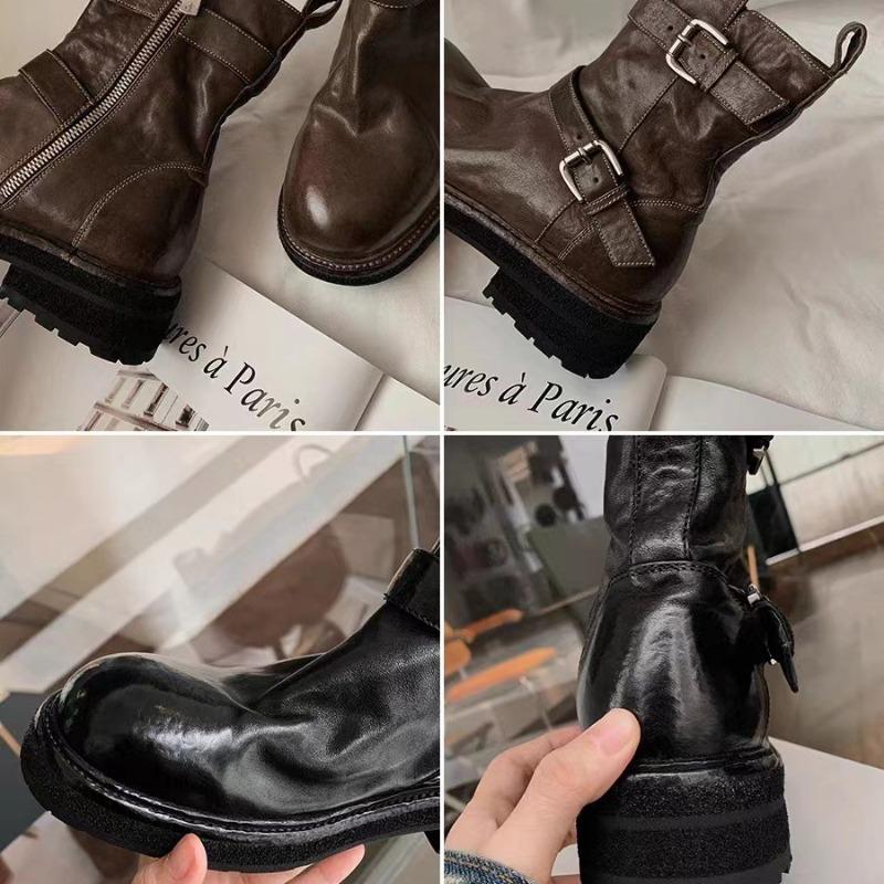 Washed cowhide leather retro short boots women's versatile and thin locomotive boots thick heel belt buckle Martin boots