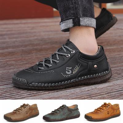 Men 'S Casual Shoes Pu Leather Flats Walking Sneakers Fashion Man Lace Up Loafers Hand Sewing Slip On Lazy Driving Shoe Plus Size