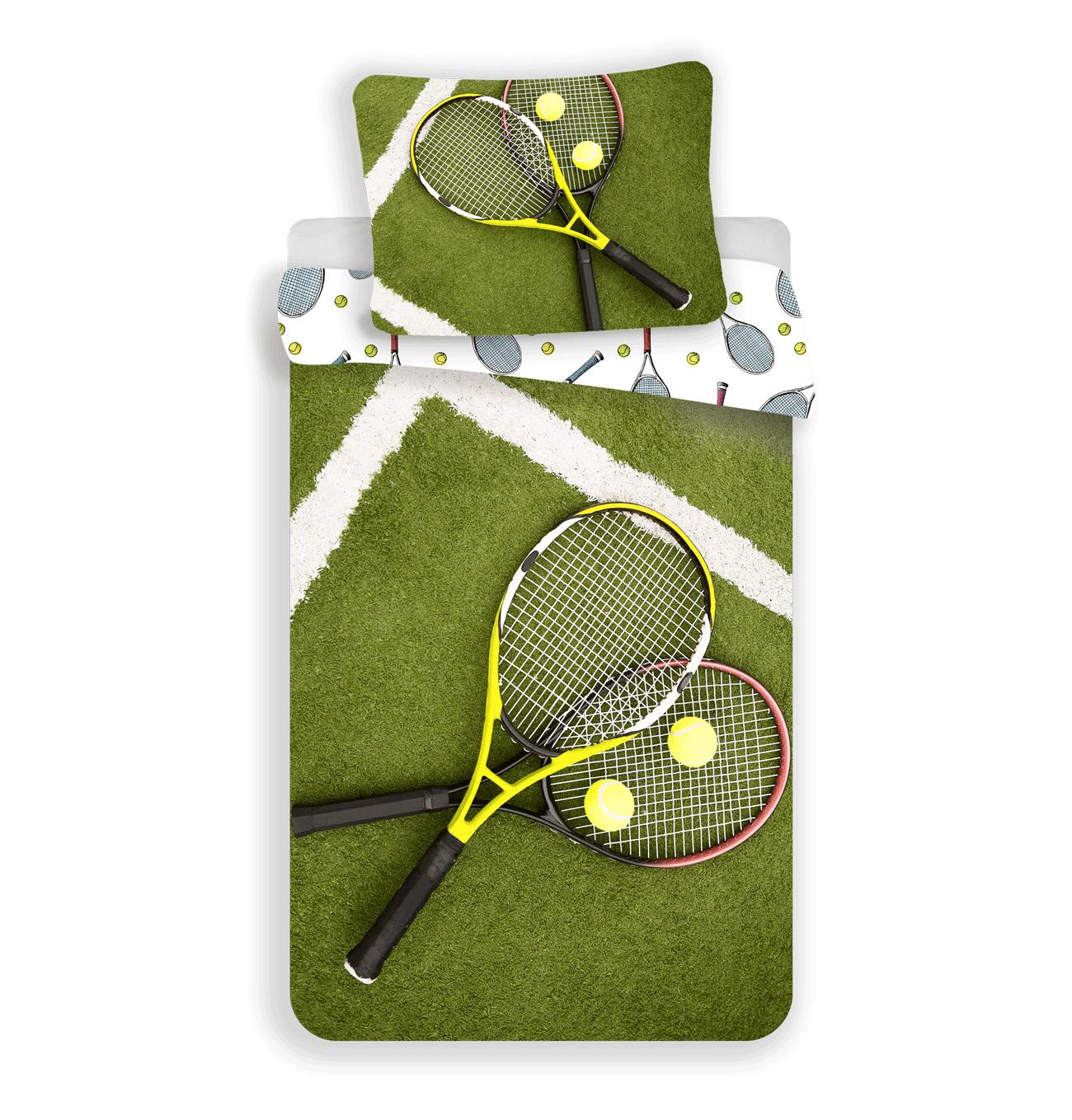 Linge de lit 140X200 Tennis Raquettes Raquette de tennis Balles de tennis Court Vert Blanc 5260 Taie d'oreiller 70X90 Sportive Pour Fan de Tennis